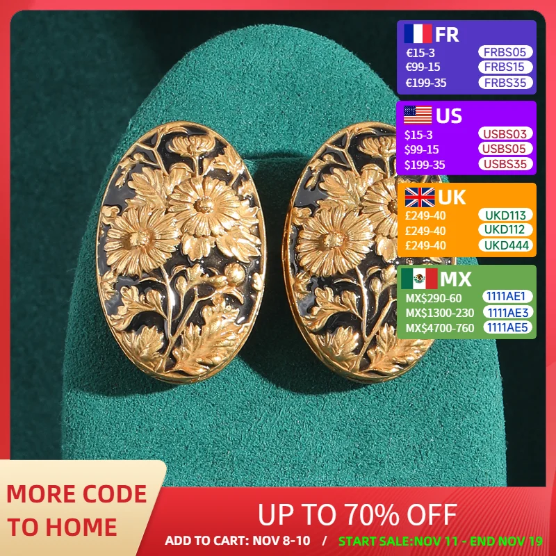 

Vintage Jewelry Mystery Oval Black Earrings Stud Sunflower Engrave Gold Color Luxury Woman Charm Dress Accessories 2025 Trend