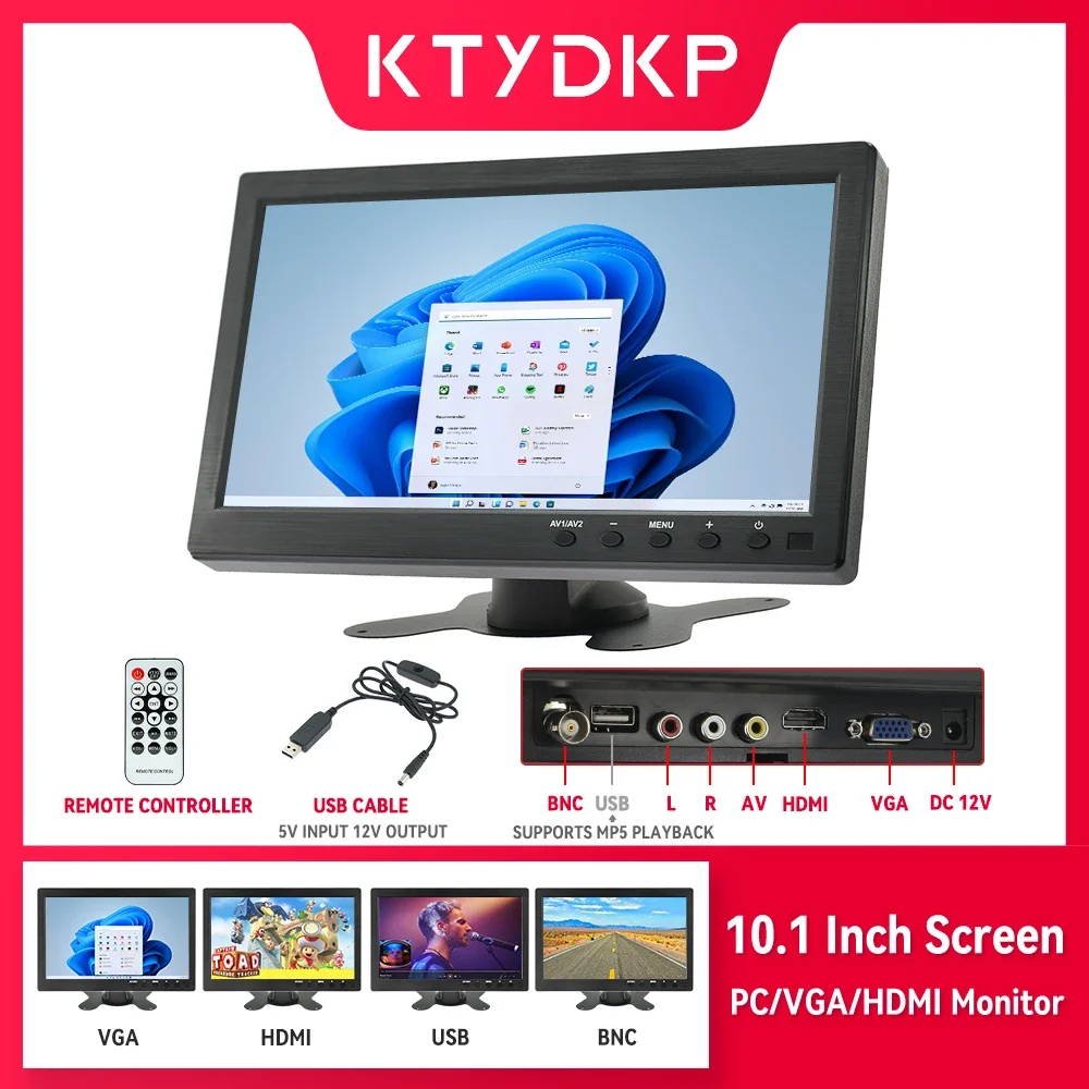 KTYDKP 10.1 Inch Car HDMI Monitor with VGA for TV Computer PC Display Home Security System Screen with USB Port for MP5 Playback