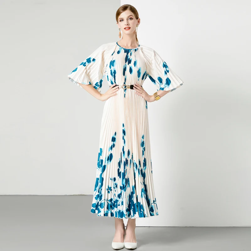 Robe plissée mi-longue à col rond pour femmes, style ata yake, imprimé floral, manches mi-longues, haut précieux, haute élasticité, à la mode, été