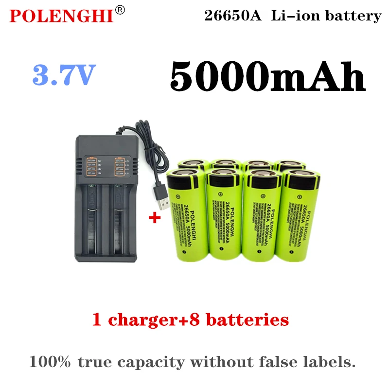 

100% brand new true capacity 3.7V 26650A 5000mAh 26650 flat top lithium-ion rechargeable battery, flashlight battery