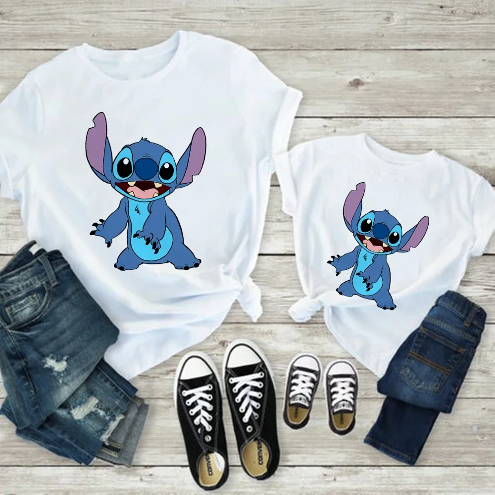 Cute Stitch Print Disney T Shirt Childern Summer Sweet Style Soft Girl Aesthetic Family Matching Clothes Mom and Daughter Equal