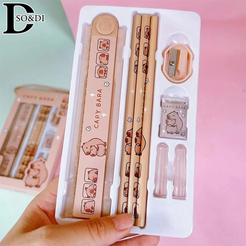 8-In-1 Capybara Cartoon Animal Pencil Ruler Eraser Sharpener Stationery Kit Student School Office Writing Supplies Kids Gift