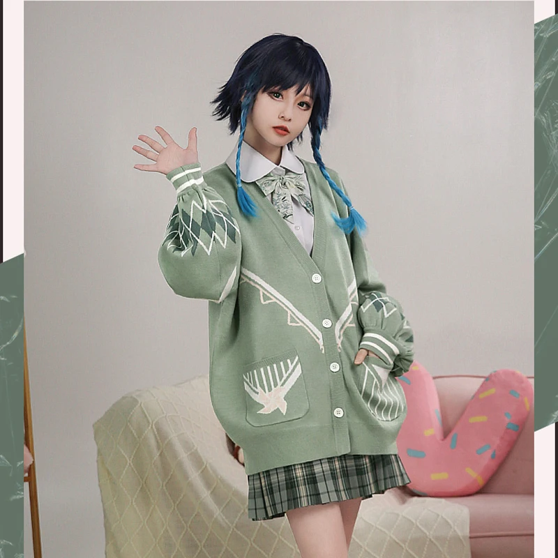 

New Venti Daily Cosplay Genshin Impact Sweet lovely Winter sweater Coat Jk plaid skirt female Costume