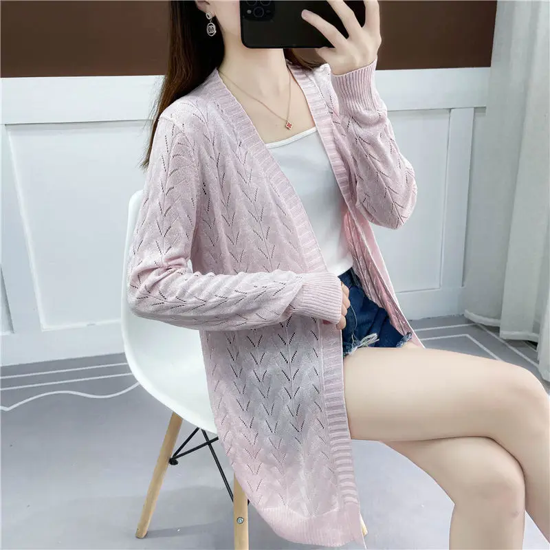 Knitted Cardigan Mid-length Jacket Women's Summer All-match Thin Outer Shawl Spring and Autumn Chic Air Conditioning Lining