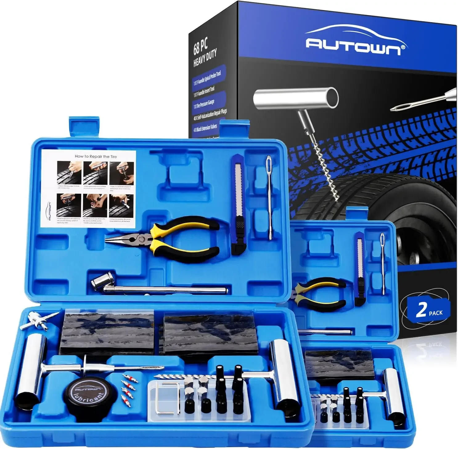 

Flat Tire Repair Kit with Plug 68 Pcs for Car, Motorcycle, ATV, Jeep, Truck, Tractor Flat Tire Repair (2-Pack）