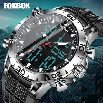 FOXBOX Mens watches sports top brand luxury dual display Quartz watch men military waterproof watch digital electronic watch + box