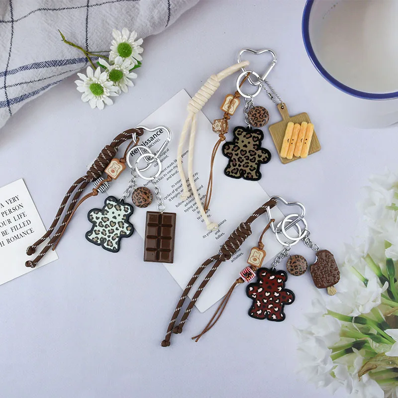 New product Little Bear Key Chain ice cream chocolate French fries Pendant Hand woven rope Backpack decoration