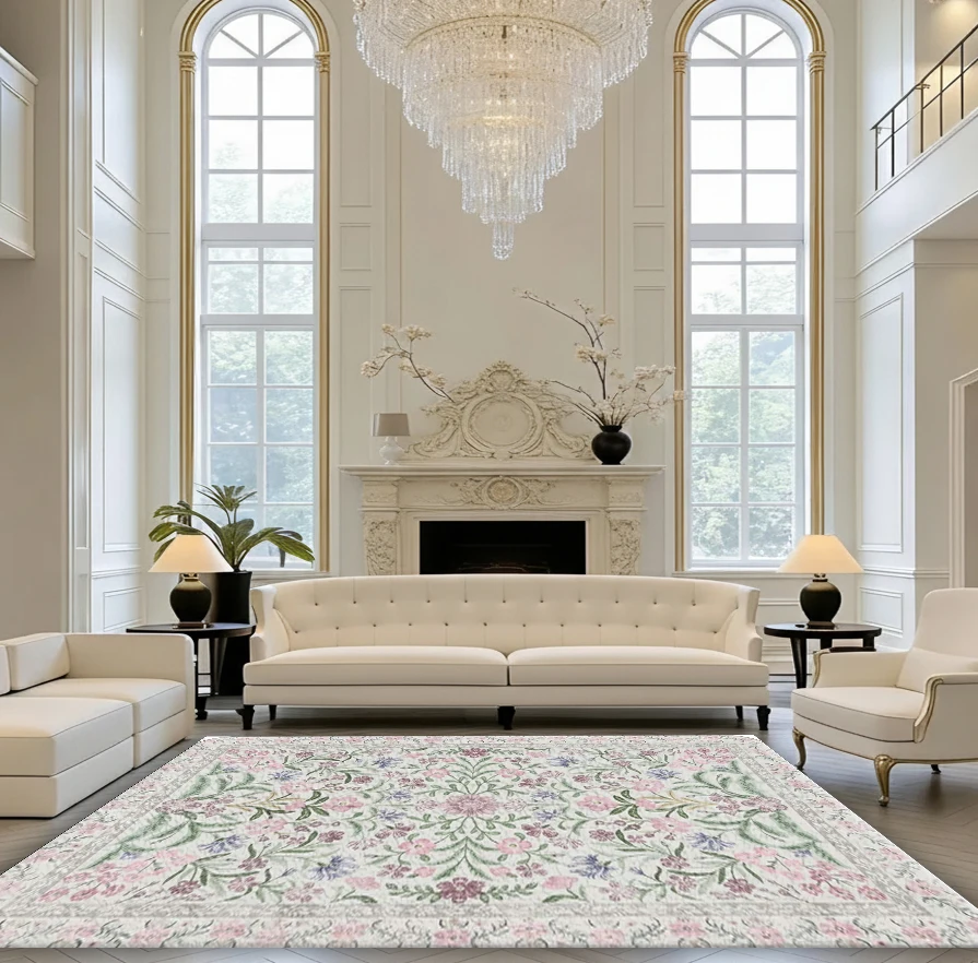 Elegant Pastoral Floral Area Rug Soft Printed Decorative Floor Rug for Living Room Bedroom Home Decor