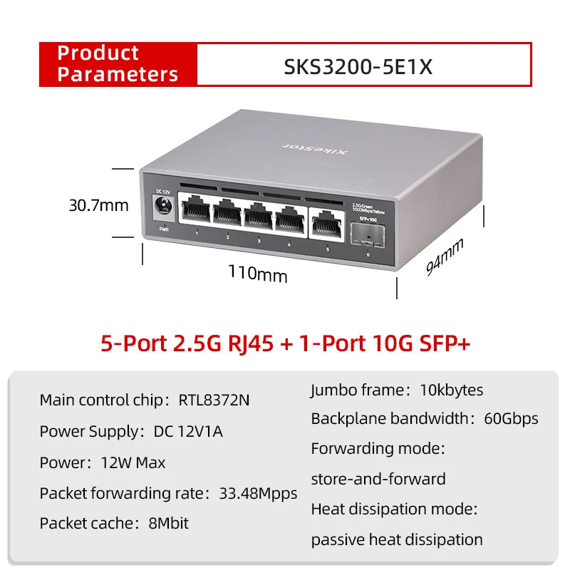 XikeStor  2.5G Simple L2 Managed Switch 5-Port 2.5G RJ45 1-Port SFP+ Ethernet Switch Support VLAN and Port Aggregation