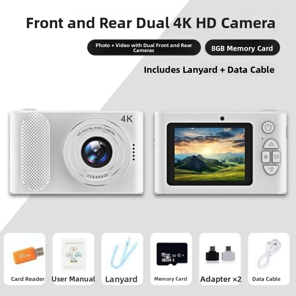 

Маленькая мини-цифровая камера 44 МП 4K, 4400 Вт, пиксель, 8-кратный зум, селфи-камера, двойной объектив, мгновенная фотокамера начального уровня, студенческие подарки