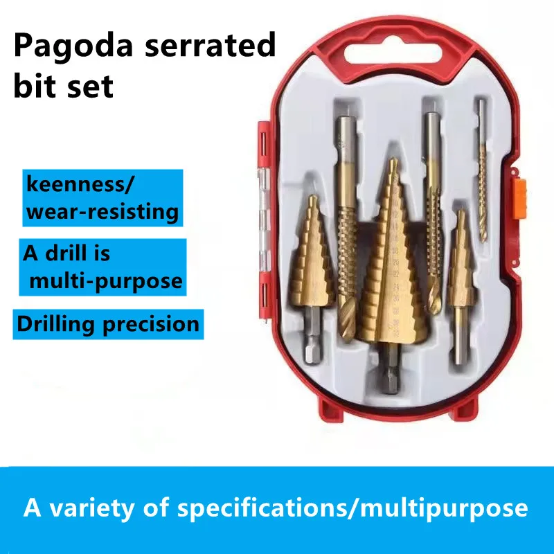 

6pcs Set Of Hss Hex Shank High-speed Steel Pagoda Step Drill Grooved Serrated Diamond Boxed Step Drill Saw Spiral Woodworking