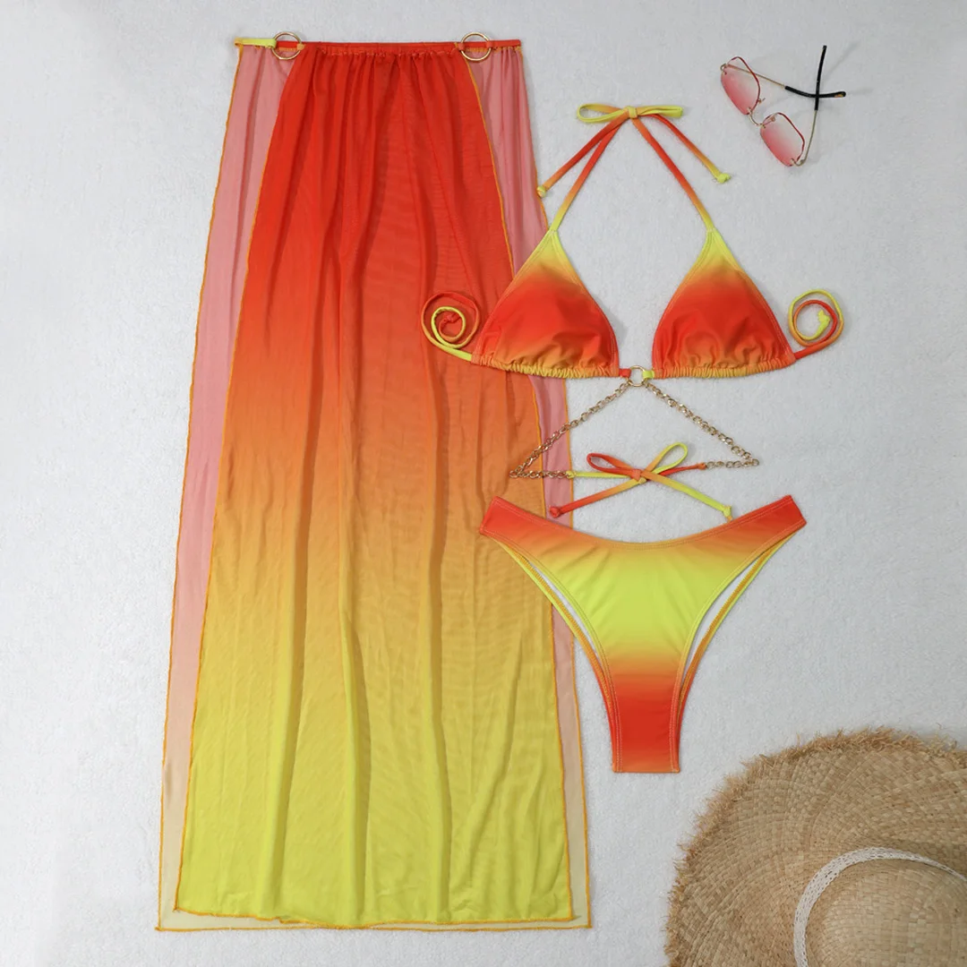 Sexy mit Überwurf, Farbverlauf, Neckholder-Bikini, Damen-Badeanzug, dreiteiliges Bikini-Set, Damen-Bademode, Badeanzug, Badebekleidung, Schwimmbekleidung V5369 – Detail 20
