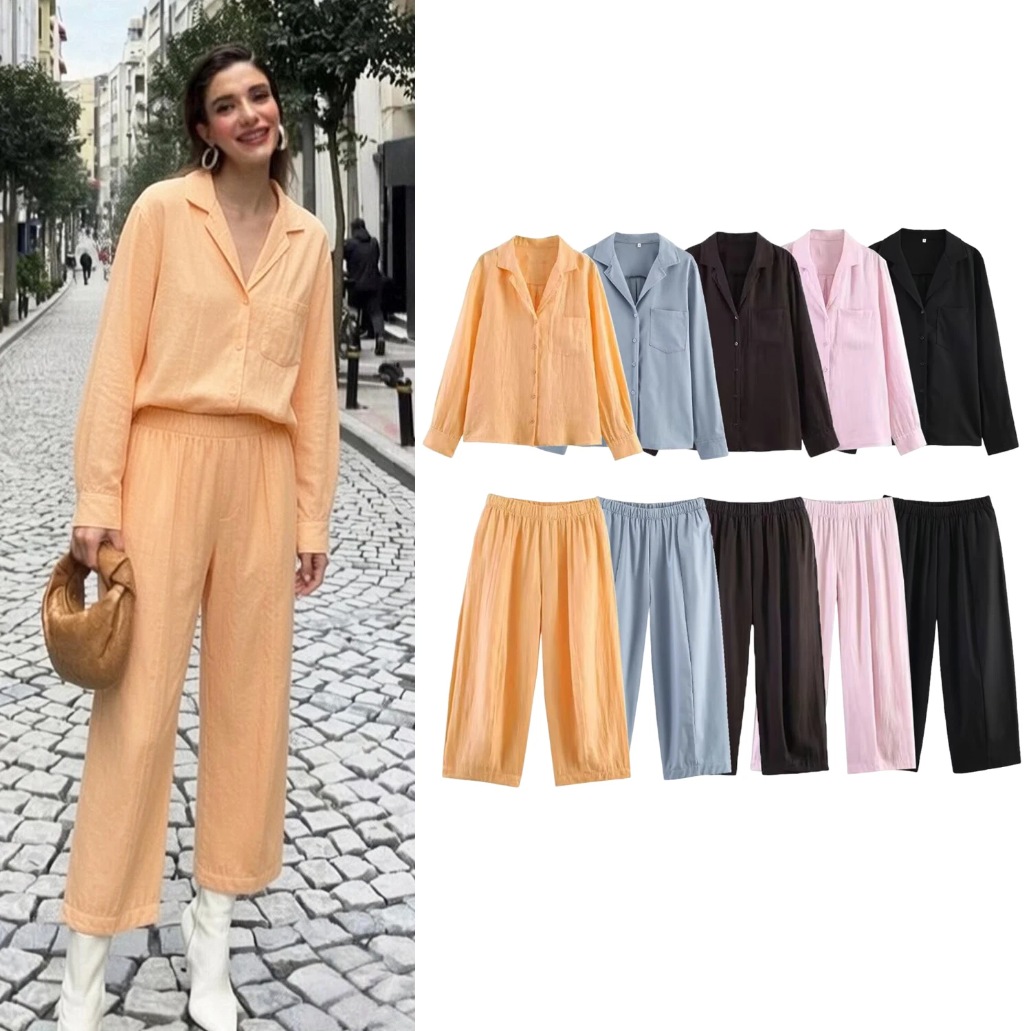 Elegante lange Hosen-Sets für Damen oder langärmlige Hemden mit Taschen für den Frühling und Sommer oder lockere, weit geschnittene Damenhosen