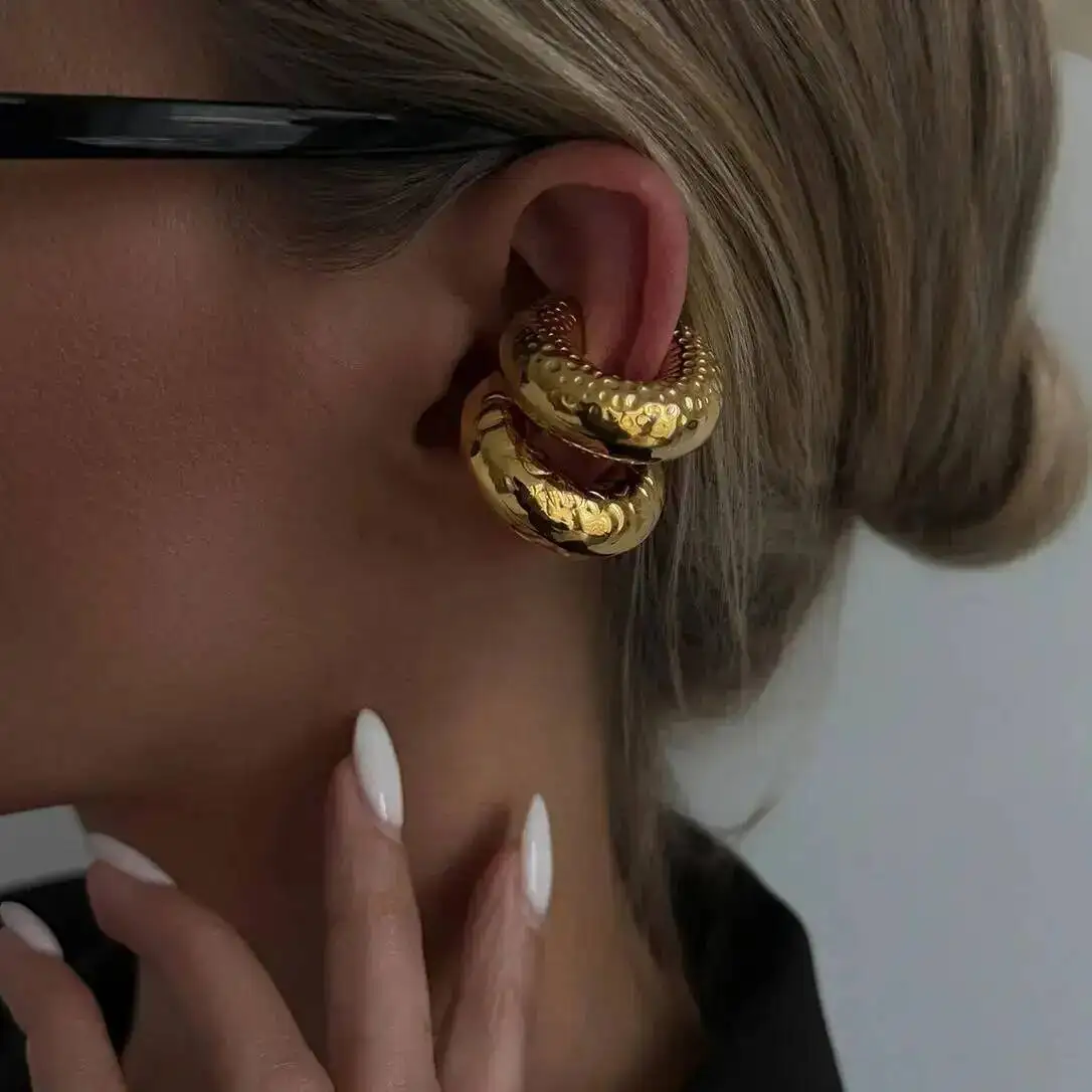 KunJoe Punk Vintage Chunky Geometric C Shape Ear Cuff Stainless Steel Metal Texture Thick Non Piercing Ear Clip Women Jewelry