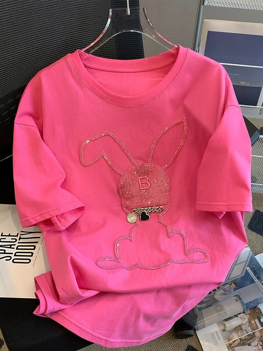 Rose Pink Summer Cotton Sequins Embroidery T Shirts Cute Bunny Rabbit Cartoon Y2k Top Women Girls Kawaii Shirts for Women Ladies