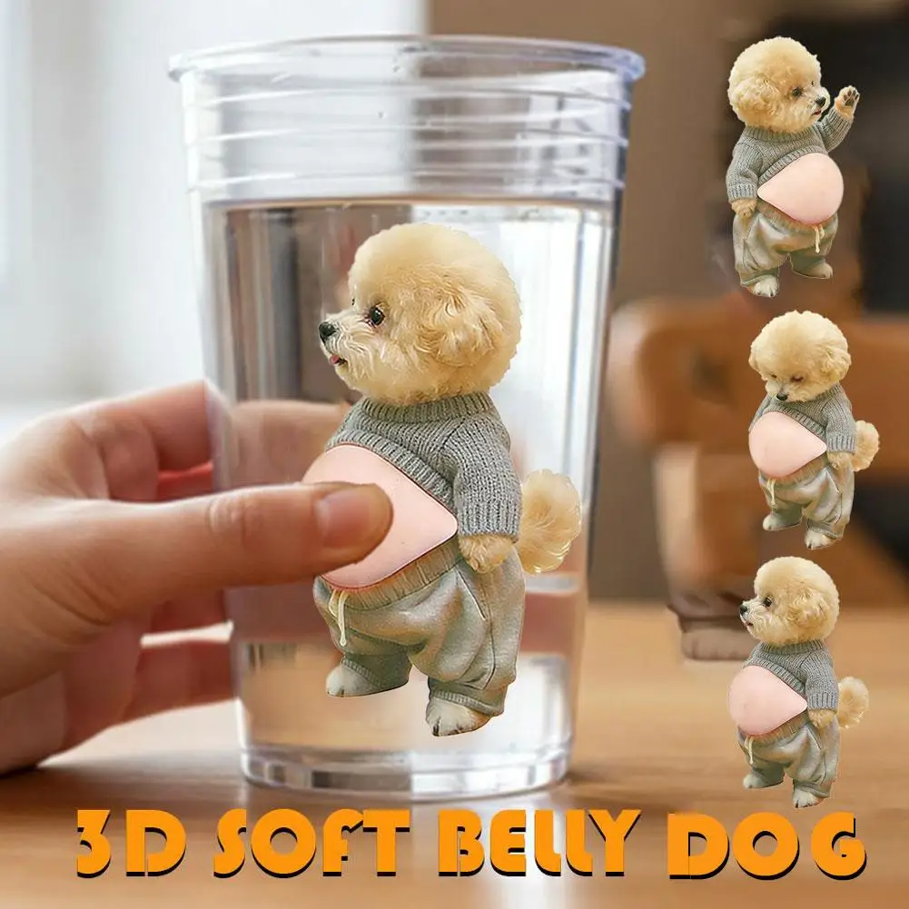 

3D-наклейка на живот собаки: милый щенок в оранжевом костюме на мягком розовом фоне, силиконовая самоклеящаяся наклейка