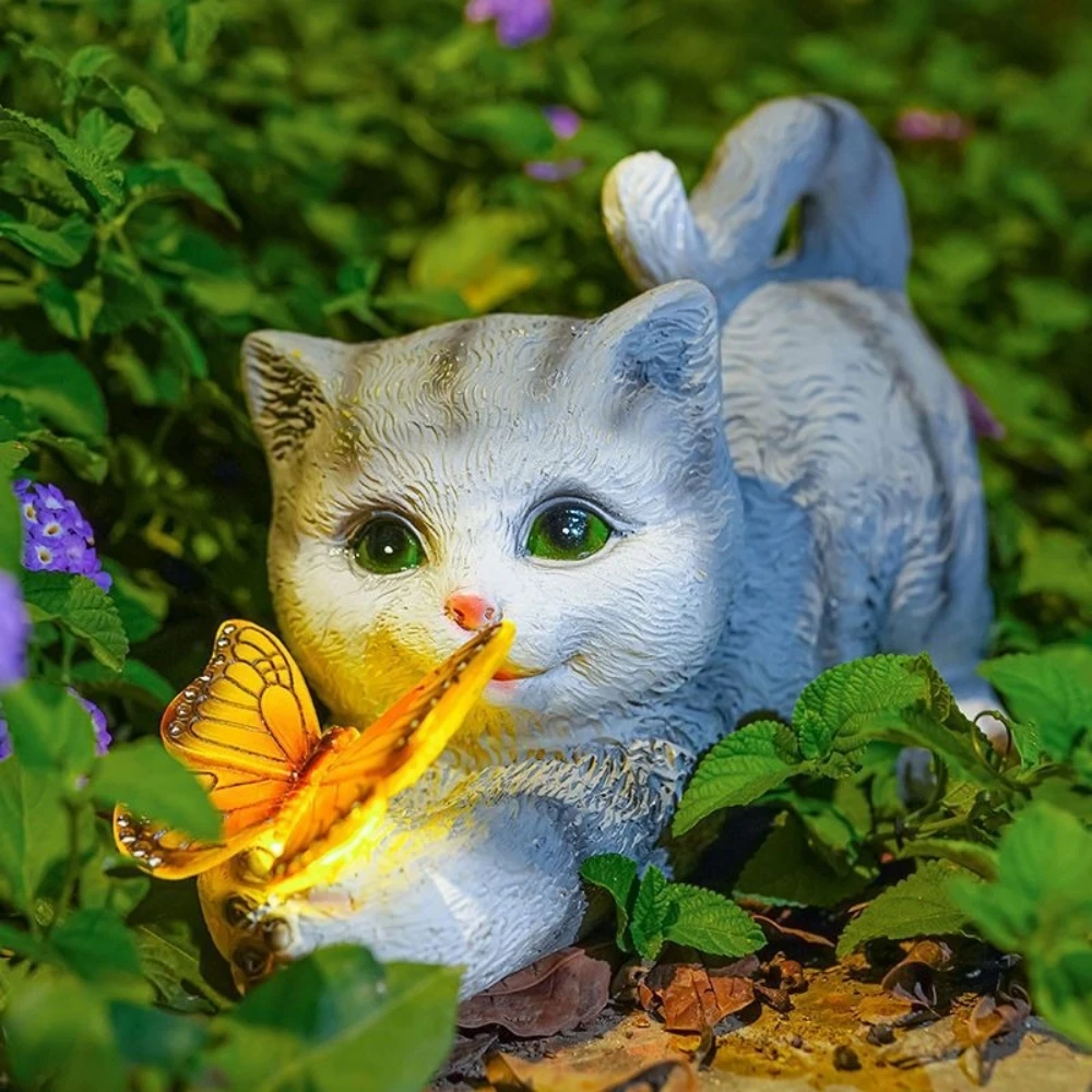 Solar Garden Statue Cat Figurine Outdoor Cat Butterfly Light Animal Yard Art Ornaments for Patio Balcony Yard Lawn Decorations