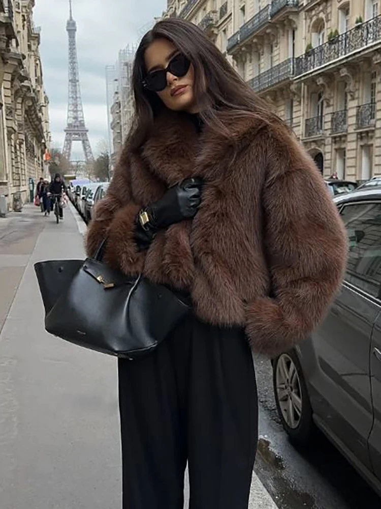 

Luxury Plush Faux Fur Coat DEAT Brown Jacket Women's Lapel Design Thick Warm Winter Short Outerwear