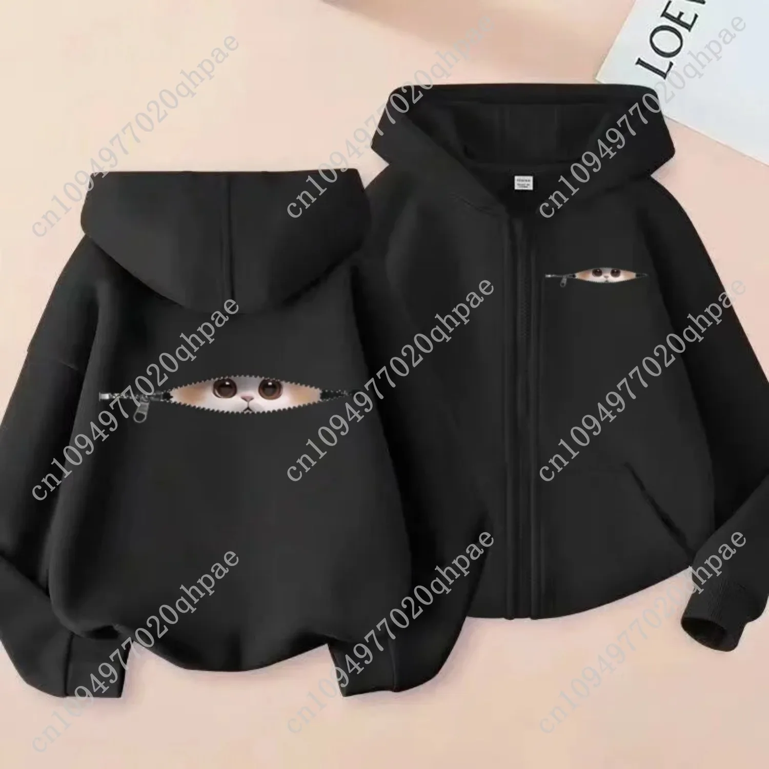 تحذير لطيف للغاية! قطة لطيفة عند فتحة سحاب، سويت شيرت بغطاء للرأس بسحاب ممتع #3