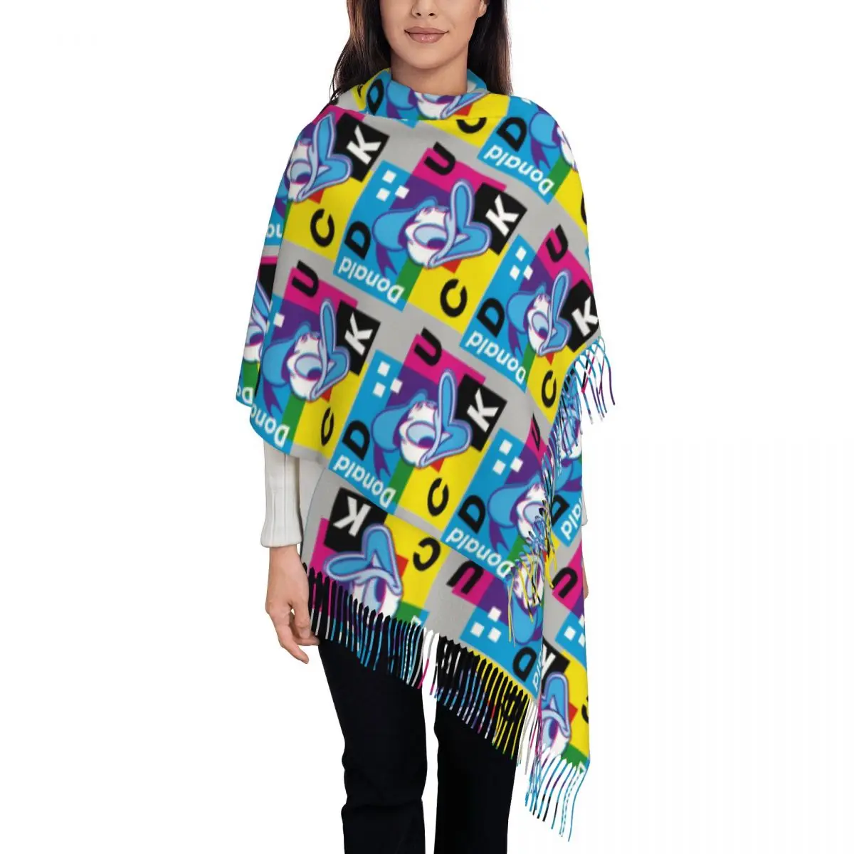 

Женский шарф с рисунком Дональда Дака на заказ, длинные зимне-осенние теплые шаль с кисточками, шарфы унисекс