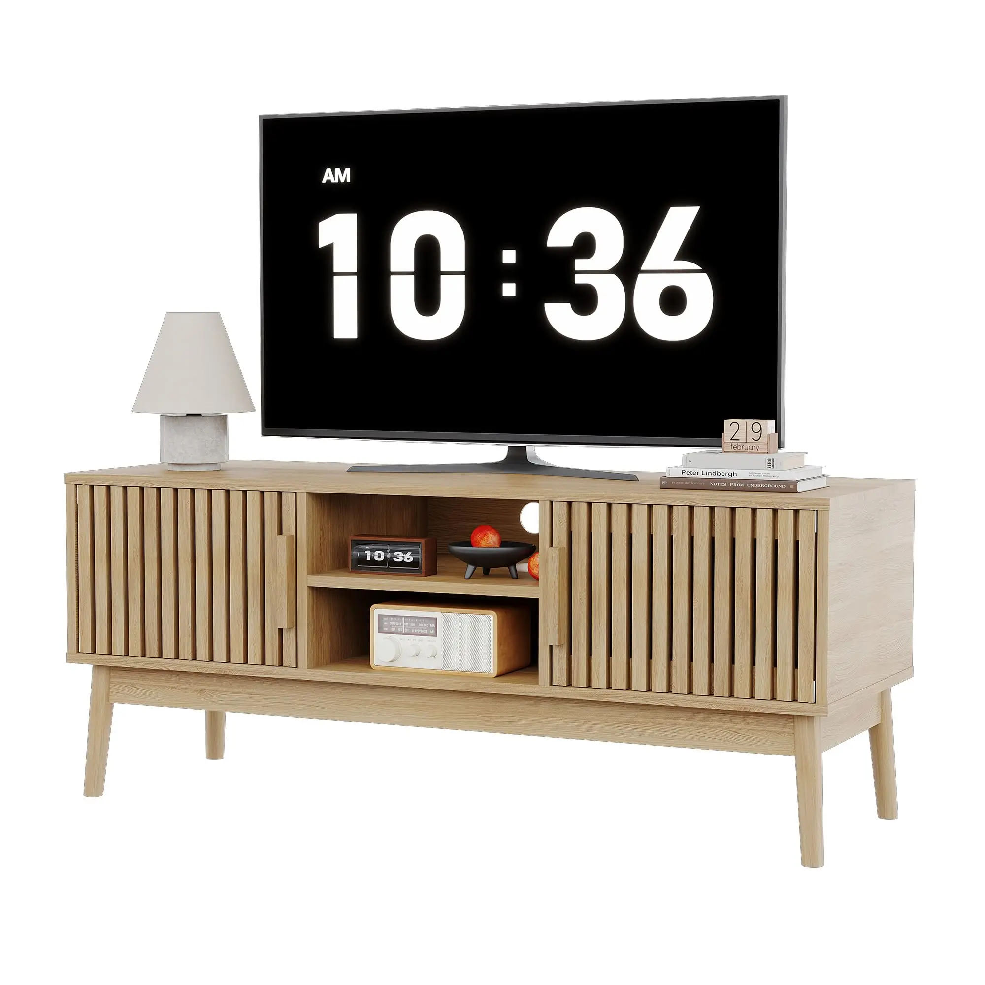 

Fluted Storage Doors & Open Shelves – Boho TV Stand for TVs up to 50 Inches, Mid-Century Modern Entertainment Center