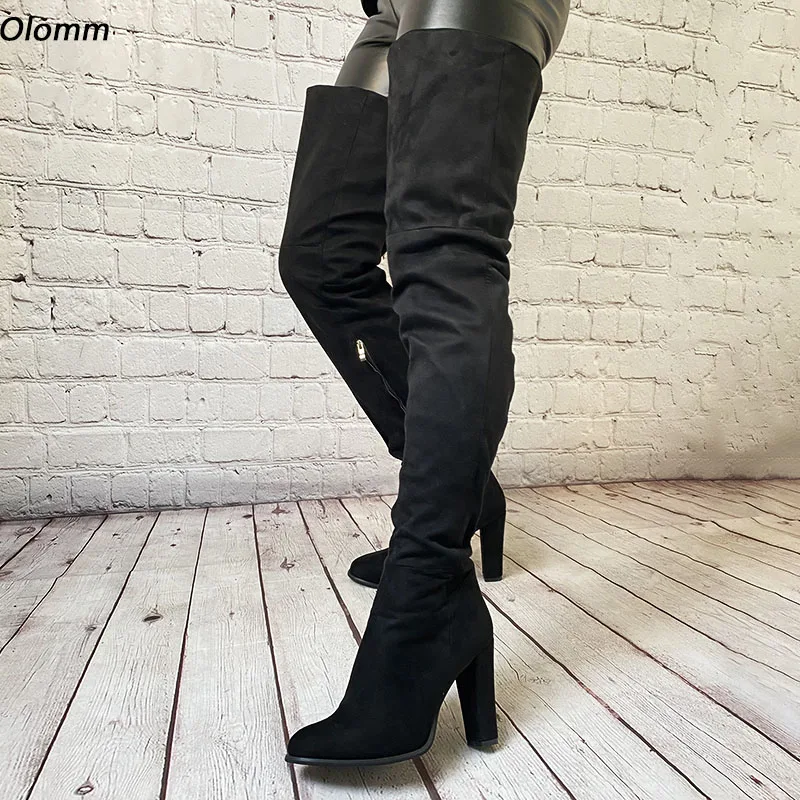 

Ronticool Hand-Customization Women Winter Thigh Boots Faux Suede Chunky Heels Round Toe Elegant Black Casual Shoes Us Size 5-20