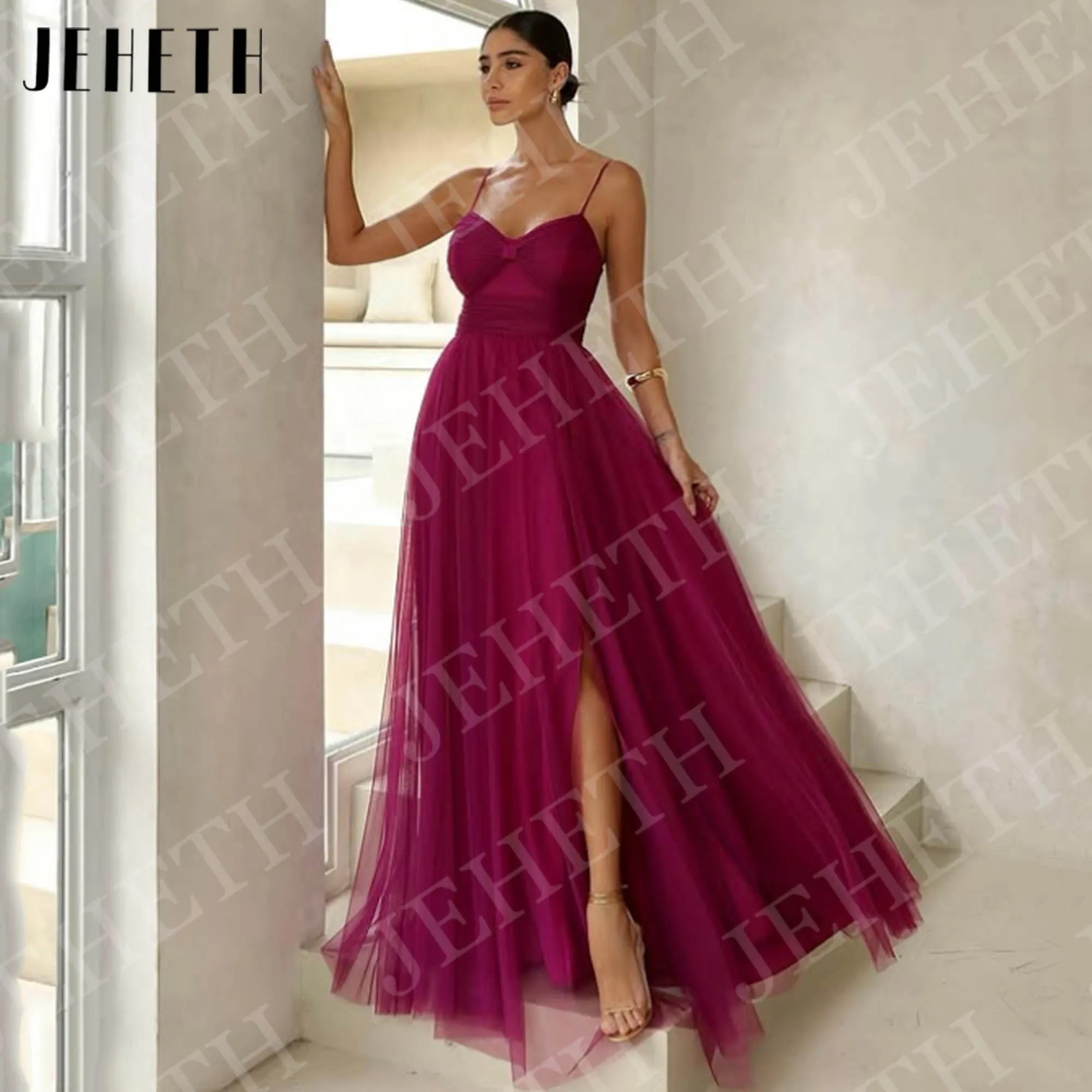 

JEHETH A Line Evening Dresses V Neck Customized Prom Gowns Woman Spaghetti Straps Tulle High Slit Party Dress vestidos de fiesta