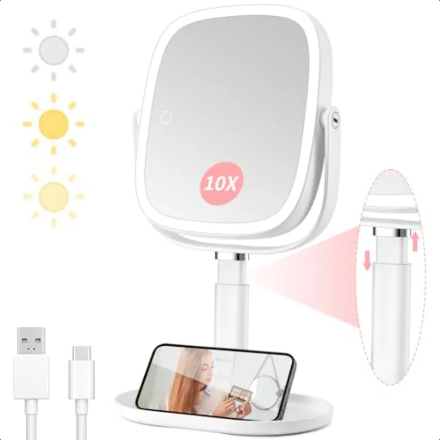 

Lighted Makeup Mirror 2600mAh Rechargeable 1x 10x Magnifying Vanity Mirror 8.5 Height Adjustable Makeup Mirror with Lights 3 Co