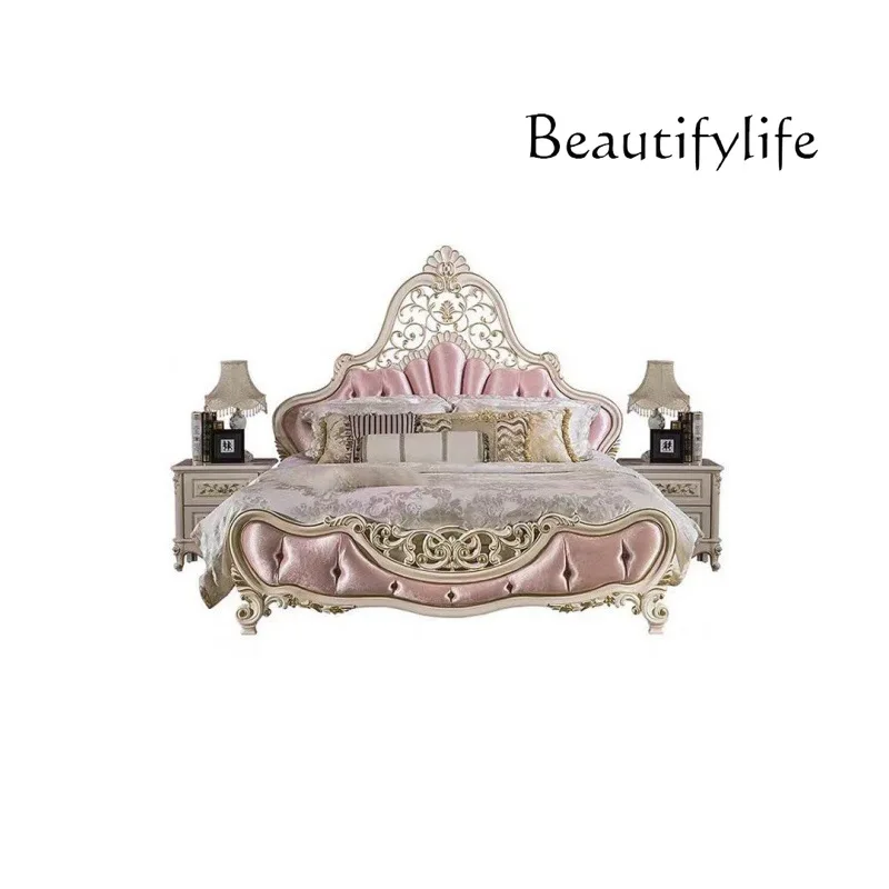 

French carved bed European double bed 1.8 meters large solid wood pink court wedding bed