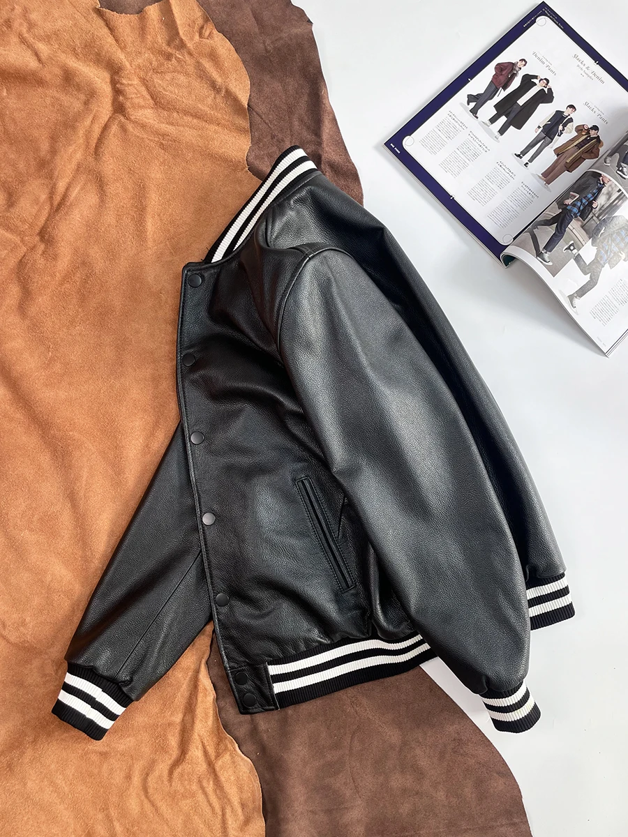 Premium Cowhide Leather Jacket Men's Baseball Style Casual Jacket Youth Pure Leather Outerwear Slim Fit Riding Suit