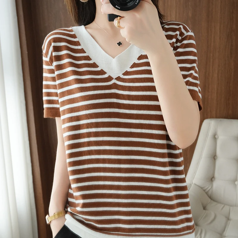 new summer cotton striped short sleeve T shirt women loose  versatile T-shirt Korean version half sleeve V collar bottom shirt