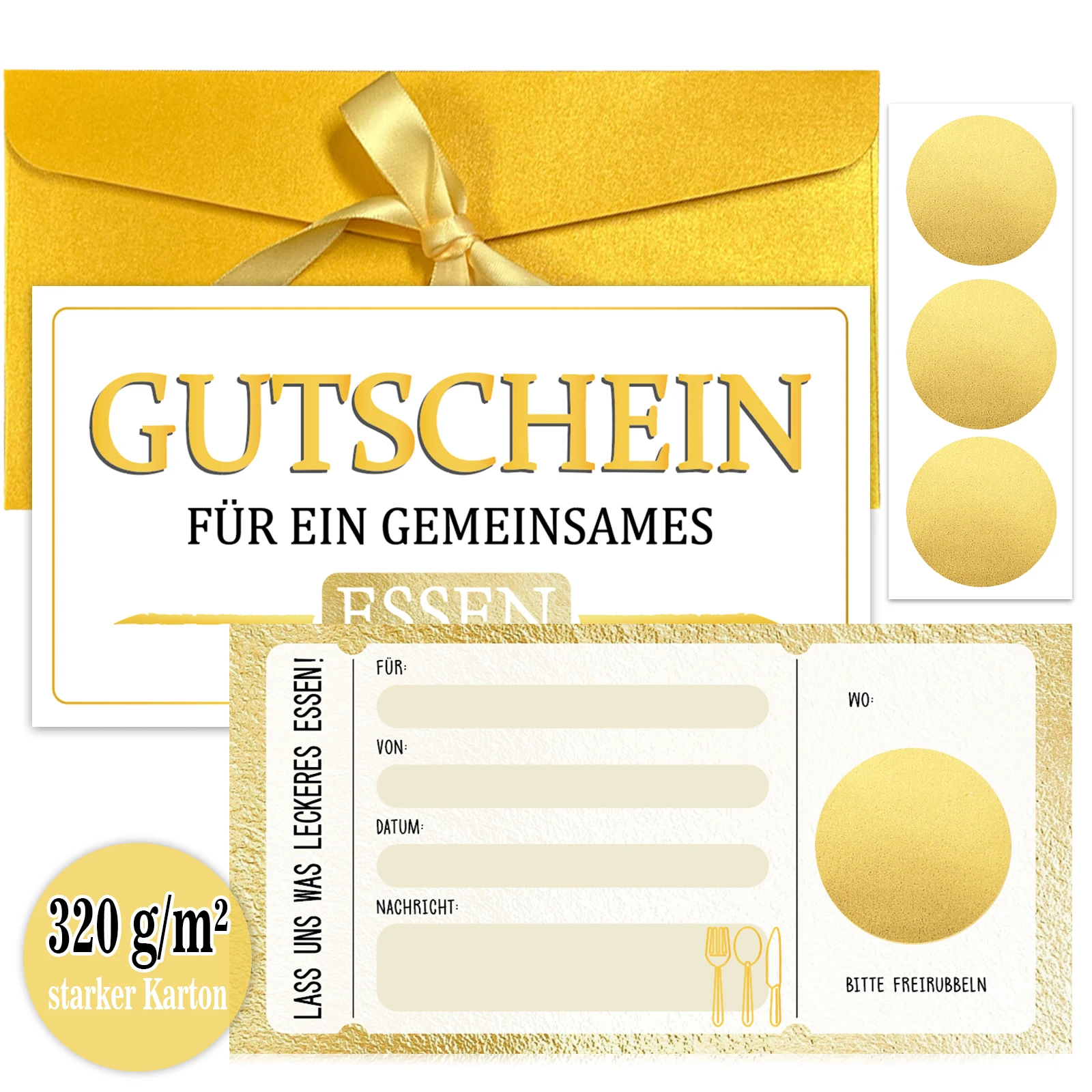 Juego de 3 juegos de tarjetas de buey de comedor alemanas "Gantilin f ü r ein gemeinsames Essen" con diseño dorado de alta gama, incluye scratch st