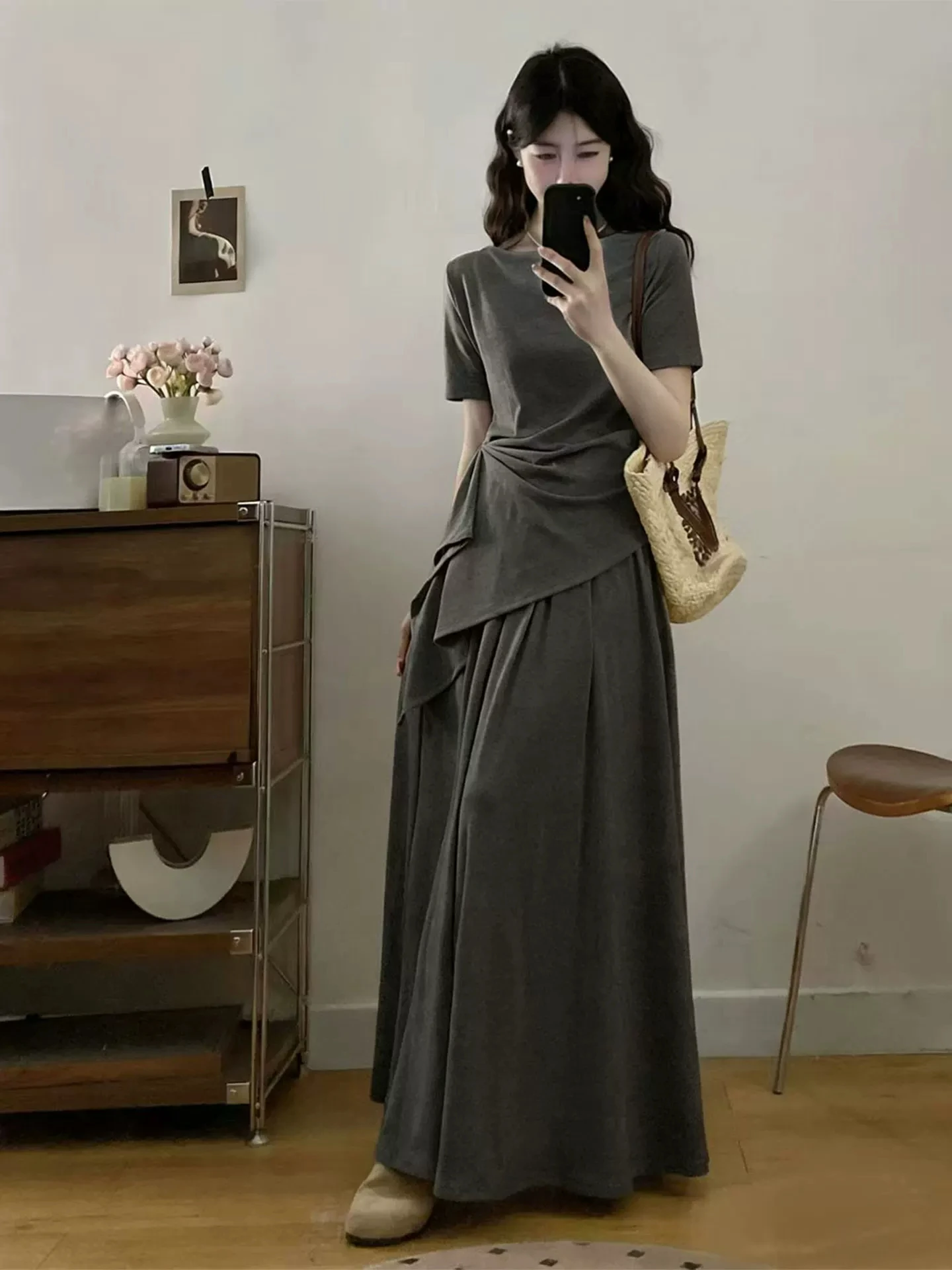 Summer 2026 plus Size Women's Lazy Style T-Shirt Skirt Set Waist-Cinching Short Sleeve Two-Piece Set Casual Fashion Ensemble