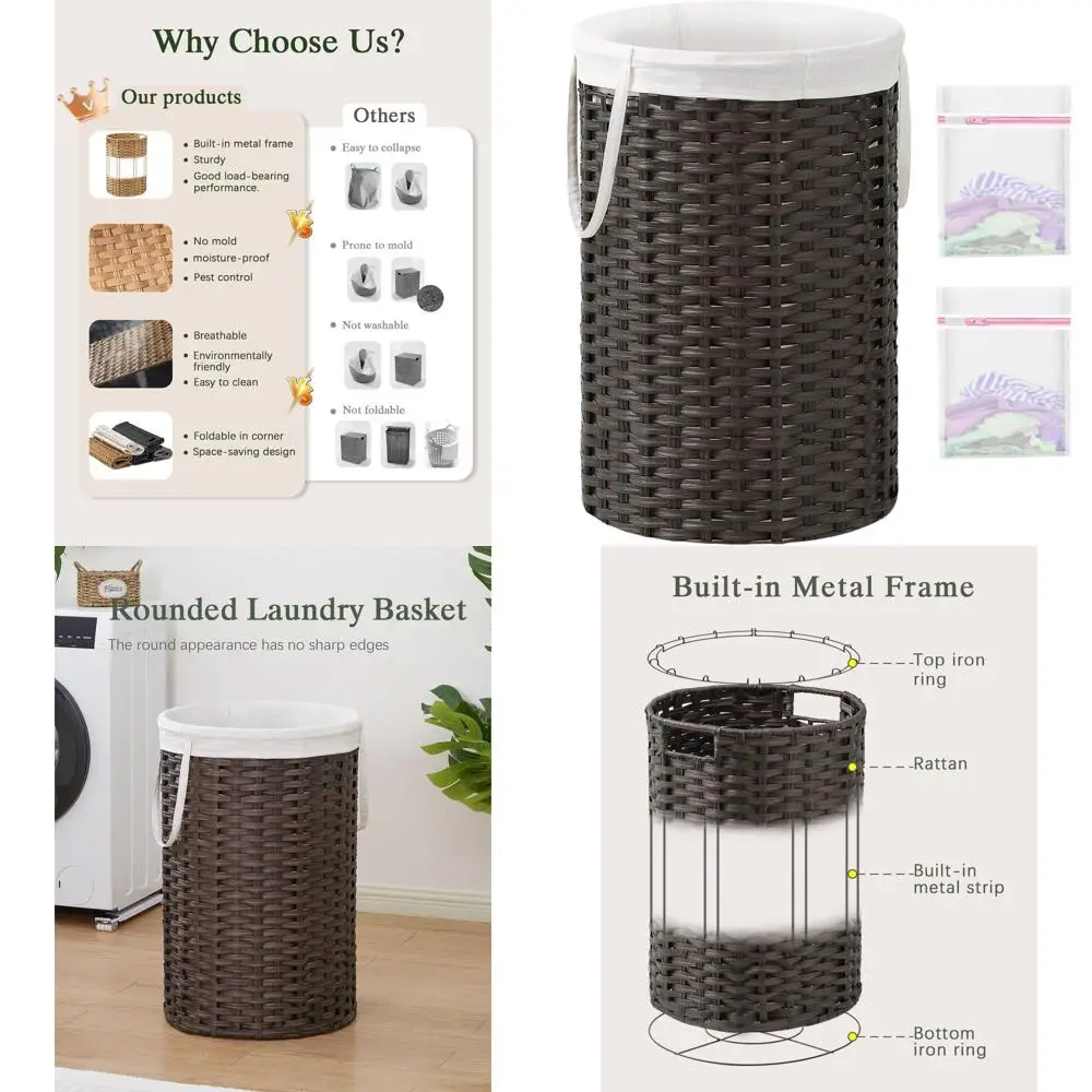 

Большая круглая плетеная корзина для белья со съемным вкладышем и 2 сетчатыми сумками для домашнего хранения коричневого цвета