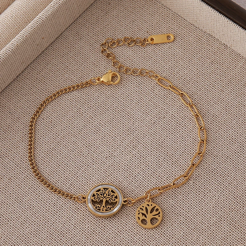 

Stainless Steel Tree Of Life Bracelet For Women Trendy Pearl Zircon Four Leaf Plant Heart Evil Eye Daily Romantic Jewelry Gifts