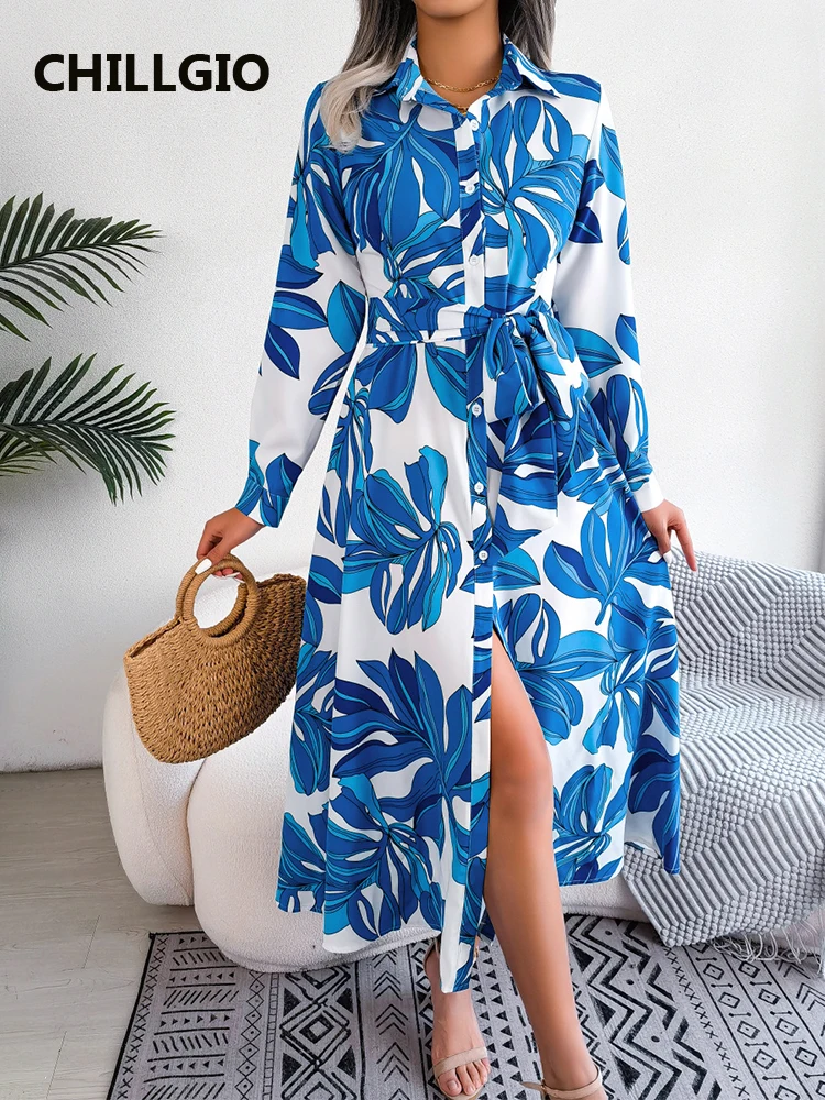 CHILLGIO Women Print abito lungo a camicia primavera Turn-down manica lunga autunno abiti bohémien Ins Fashion Maxi abito floreale in Chiffon