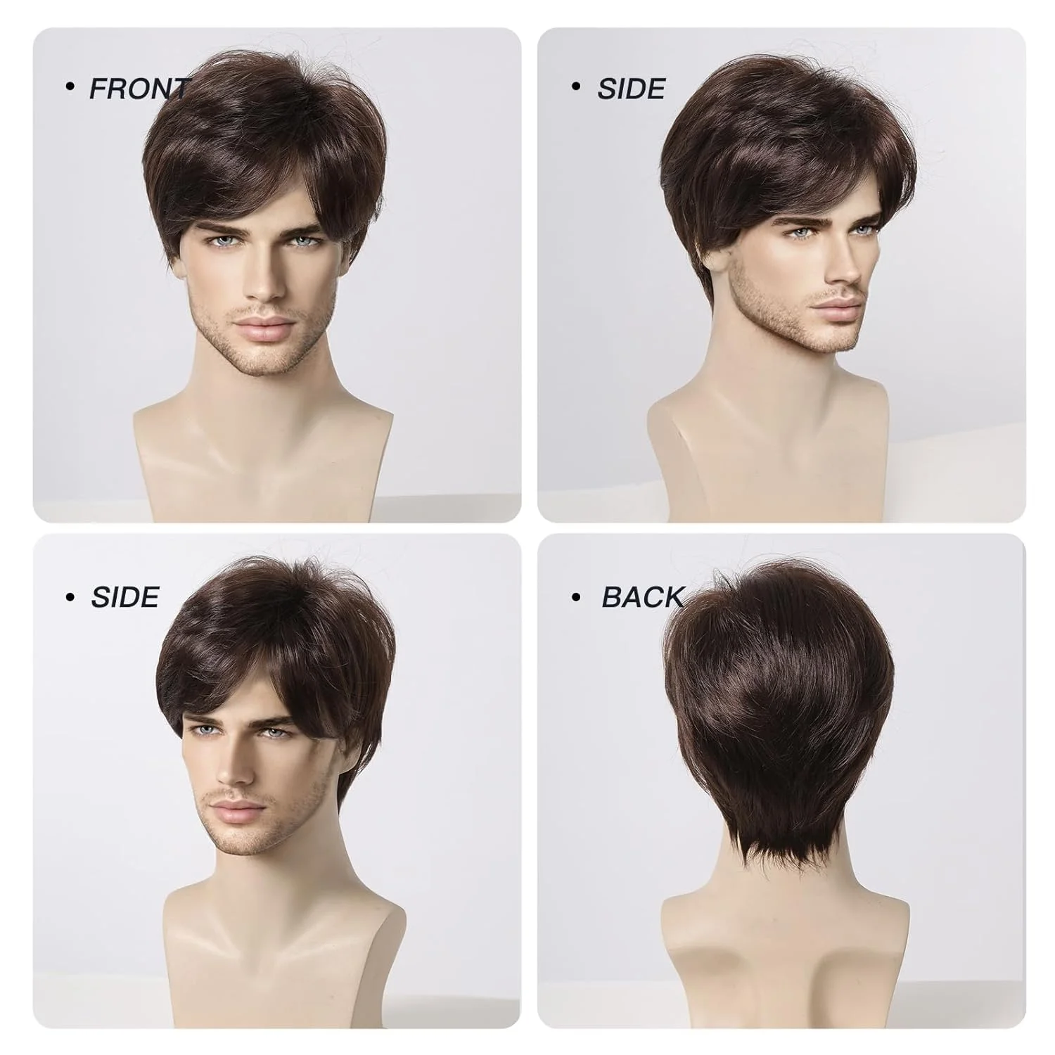 ALAN EATON Dark Brown Short Wig for Men Side Part Synthetic Layered Wigs with Bangs Natural Looking Synthetic Hair Full Wig