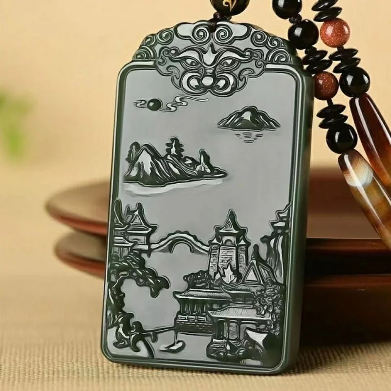 Natural Hetian Green Jade Pendant Necklace, Exquisitely Carved with Landscape Motifs, Attracts Wealth and Good Fo