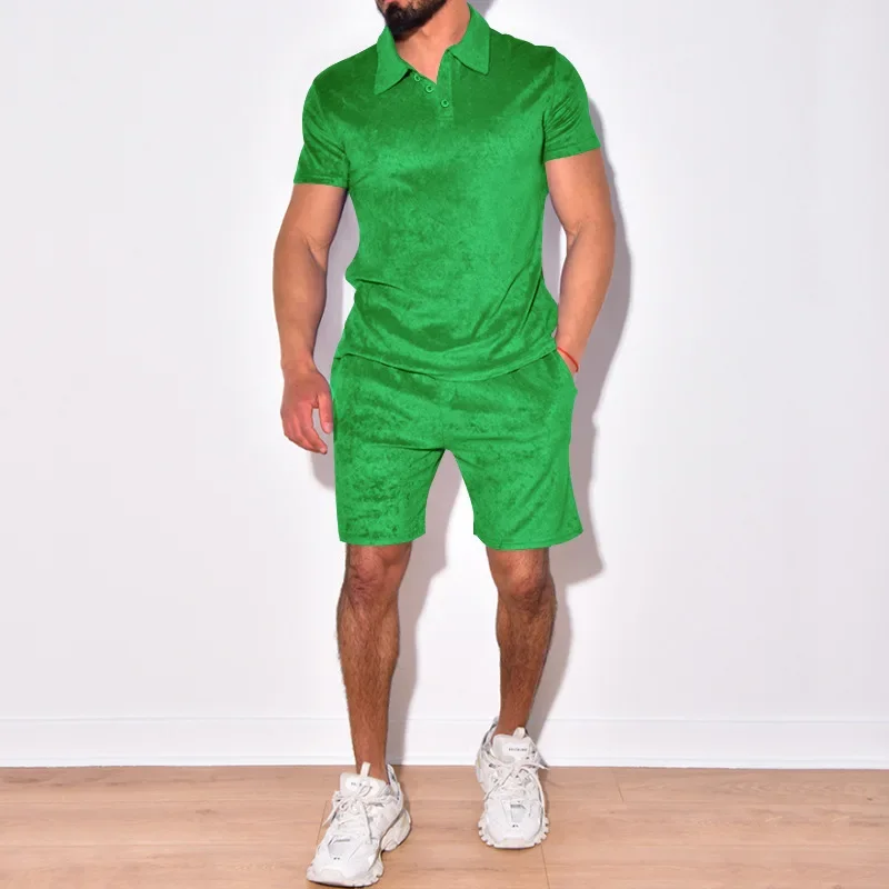 2024 Summer Men's Polo T-shirt Polo Sports Set Men's Towel Loose Short sleeved Shorts Two piece Set