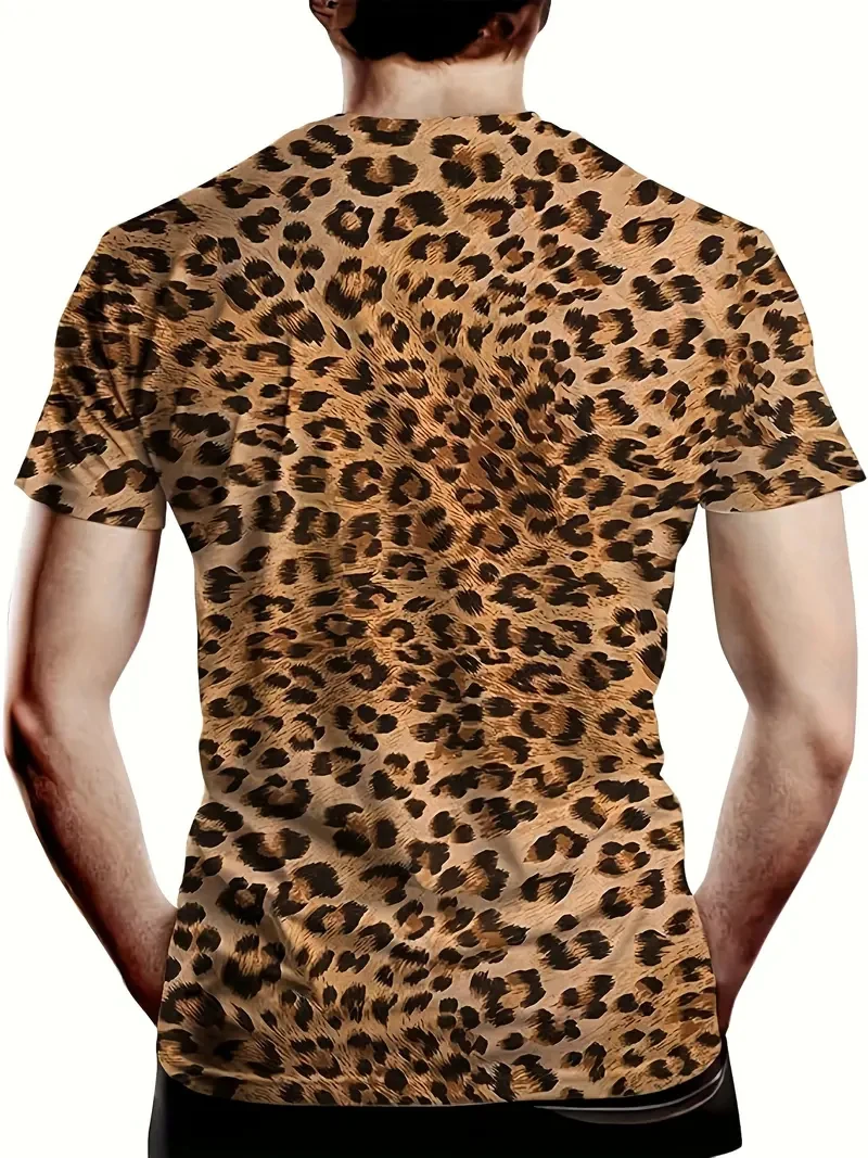 Fashion leopard print round neck short sleeve men\'s t-shirt, perfect for spring and summer outdoor leisure activities