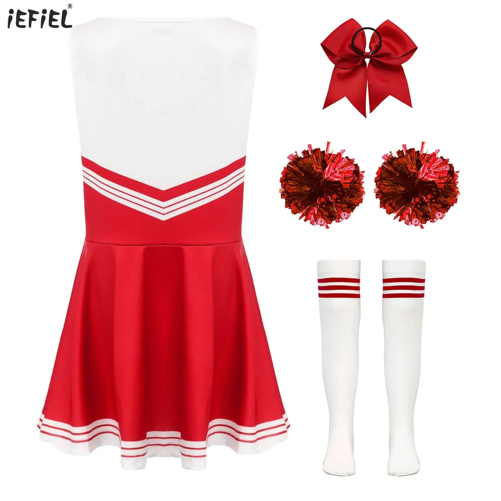 

Girls Cheerleader Costume Letter Print Dress with Headwear Hand Flowers And Socks Cheerleading Uniform Musical Sports Team Suit