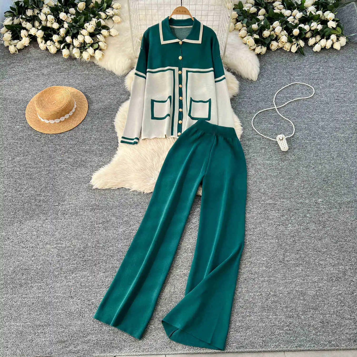 

Two Pieces Knitted Pant Sets Women Matching Sets Color Block Buttons Turn Down Collar Top Wide Leg Pants Casual 2025 Spring