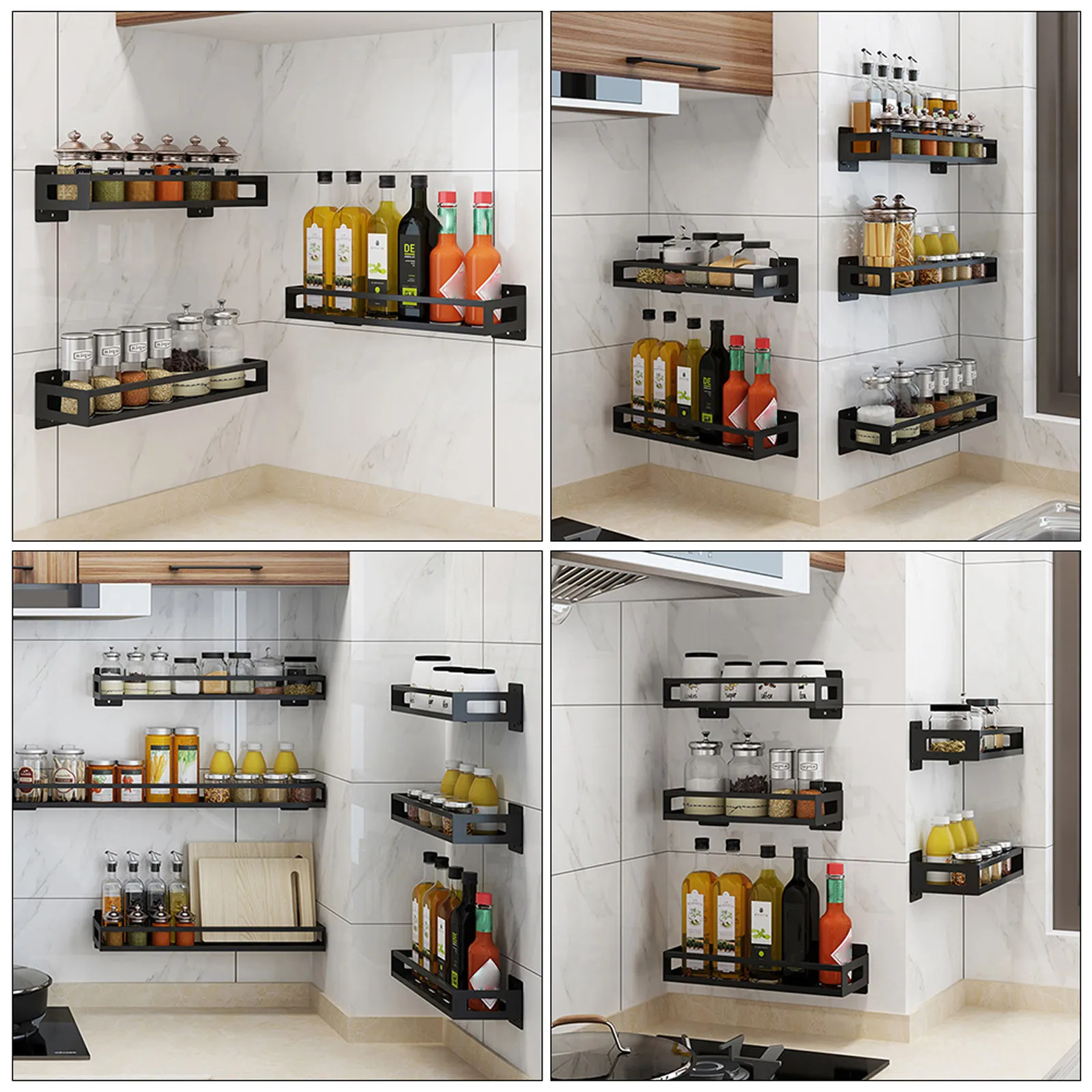 1Pcs Wall Mounted Punch Seasoning Storage Rack Black Stainless Steel Kitchen Rack Home Bathroom Holder Space Saving
