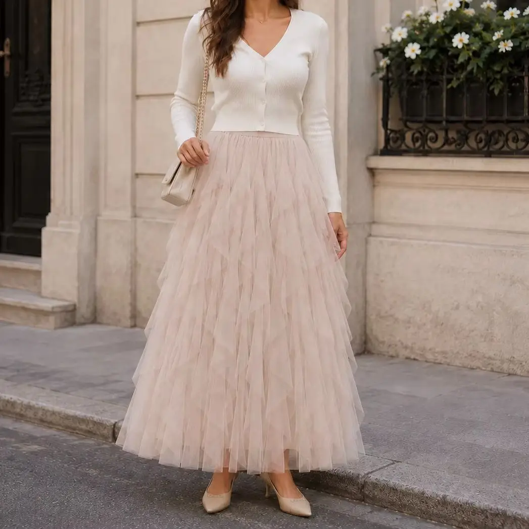Spring Summer Women Tulle Long Maxi Skirt High Waist Mesh Tutu Pleated Solid Color Elegant Fairycore Party Vacation Skirts