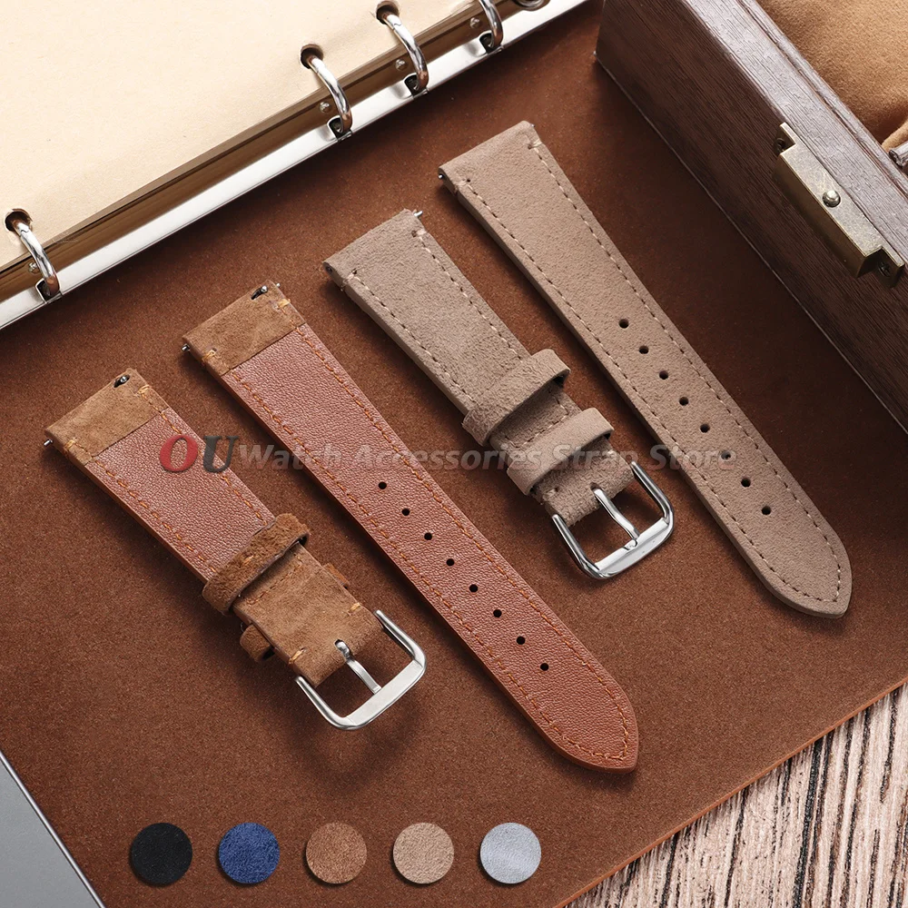 Vintage Suede Strap Cowhide Leather Watch Band 20mm 22mm for Huawei for Samsung Stitching Bracelet Quick Release Men Accessories