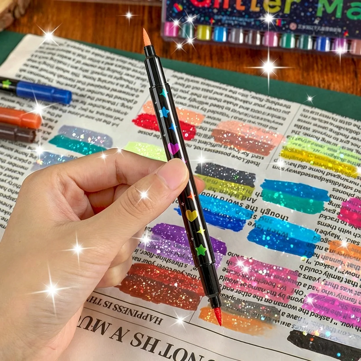 12pcs Double Head Glitter Marker Pens 24 Colors Fast Drying Fine Tip Brush Pen Art Journal Scrapbooking Stationery