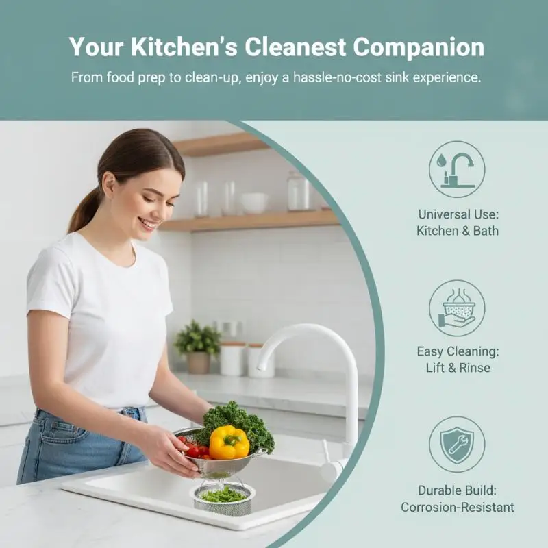 Stainless Steel Sink Strainer Fine Mesh Anti-Clogging Easy-Lift Handle for Homeowners Renters Kitchen Drain Use