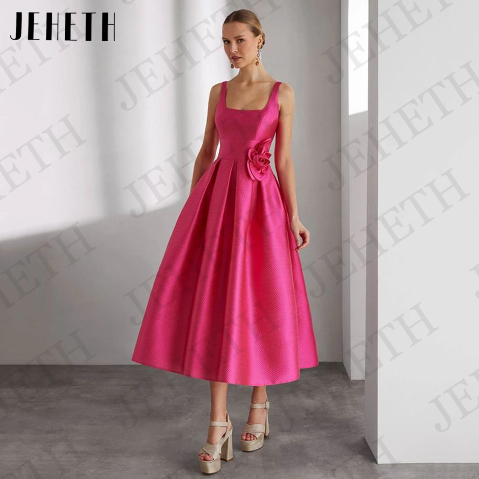 

JEHETH Fuchsia Prom Dresses Backless Tea Length Arabic Satin Square Neck A Line Wedding Party Dress Customized Women robe soirée