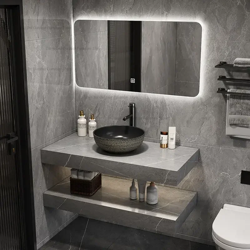 Nordic Luxury Rock Slab Bathroom Cabinet Vanity with Sink Multifunction Mirror Cabinet Bathroom Furniture Mueble Lavadora FYBC