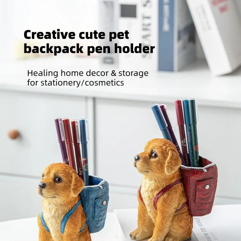 

New Fashion Golden Retriever Sculpture Pen Holder Desktop Organizer Resin Craft Office Stationery Storage Box Decoration Crafts